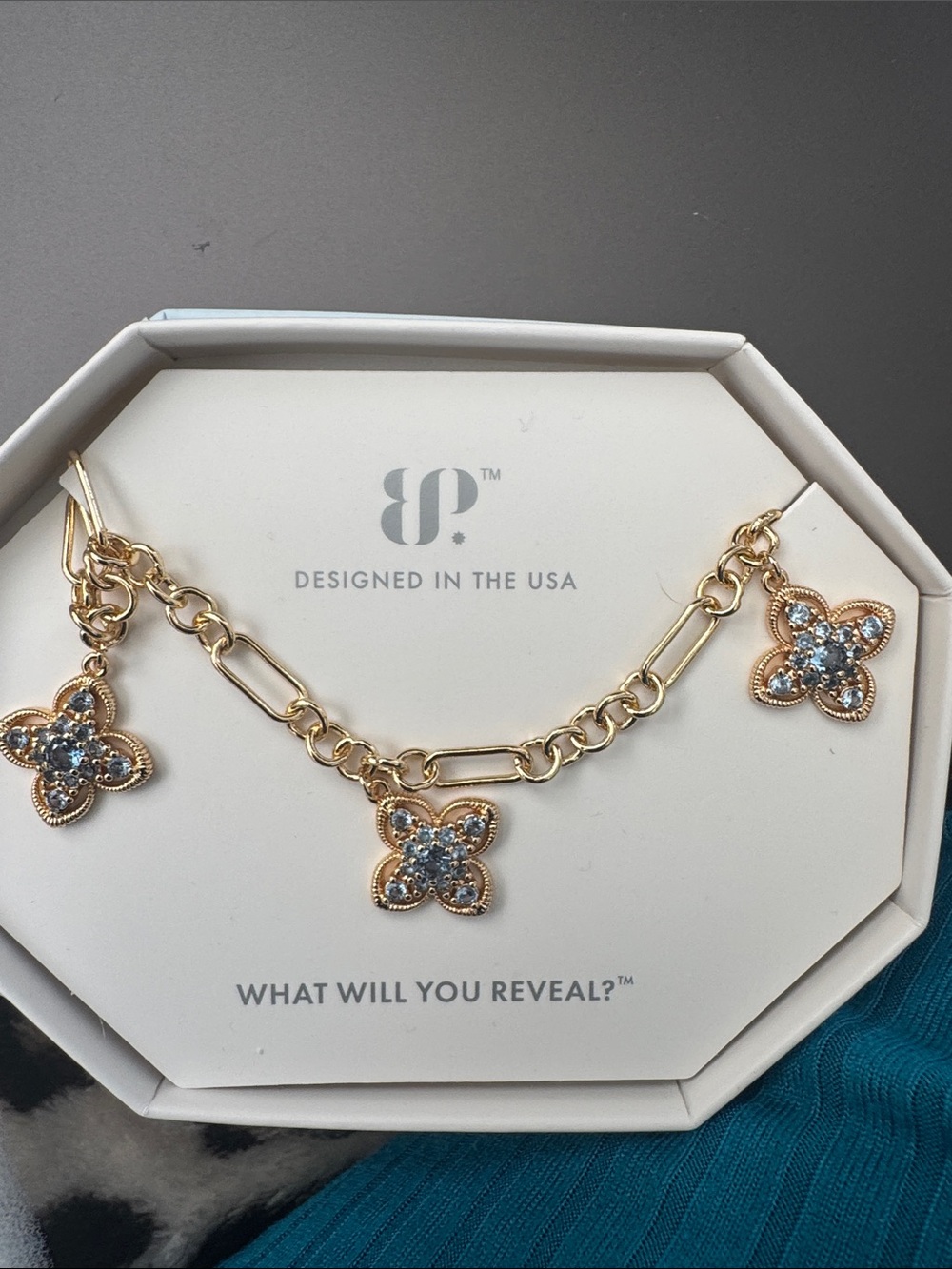 bp Gold-Tone Bracelet with Blue Crystal Clover Charms
